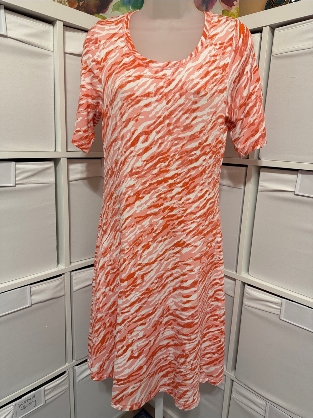Isaac Mizrahi Coral and White Abstract tiger Print Scoop Dress
